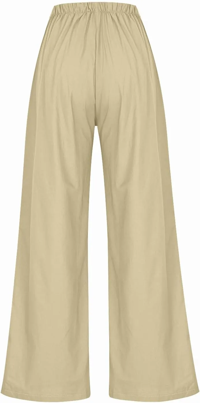 Linen Pants Women Drawstring High Waisted Wide Leg Cotton Baggy Trousers 2025 Summer Casual Bell Pant with Pockets
