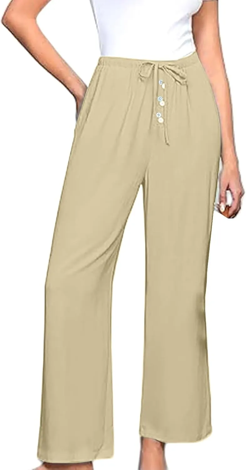 Linen Pants Women Drawstring High Waisted Wide Leg Cotton Baggy Trousers 2025 Summer Casual Bell Pant with Pockets