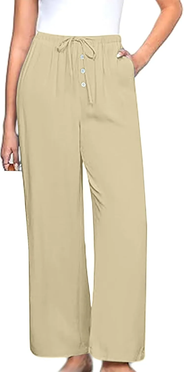 Linen Pants Women Drawstring High Waisted Wide Leg Cotton Baggy Trousers 2025 Summer Casual Bell Pant with Pockets