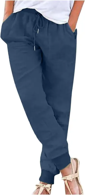 Linen Pants Women Dressy Pants Work Drawstring Elastic Waist Tapered Leg Summer Jogger Baggy Trousers with Pockets