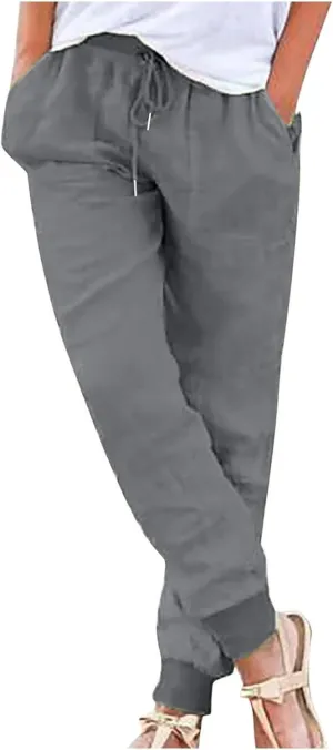 Linen Pants Women Dressy Pants Work Drawstring Elastic Waist Tapered Leg Summer Jogger Baggy Trousers with Pockets