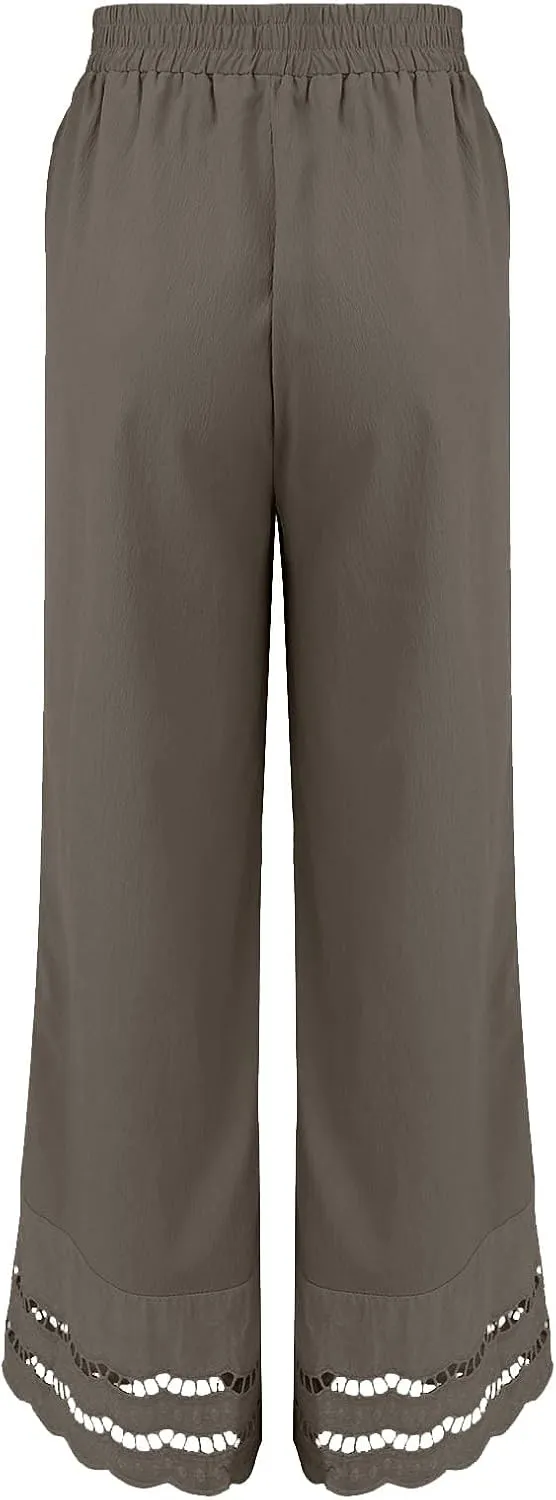 Linen Pants Women Lounge Trousers Drawstring Elastic Waist Summer Boho Palazzo Vintage Pants with Pockets