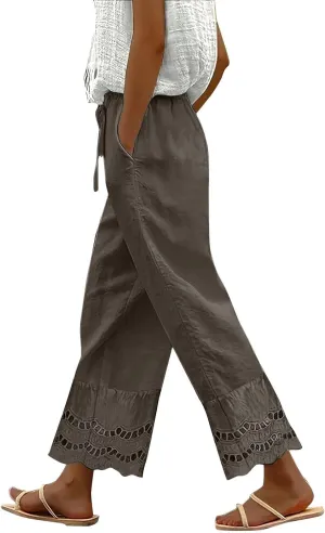 Linen Pants Women Lounge Trousers Drawstring Elastic Waist Summer Boho Palazzo Vintage Pants with Pockets