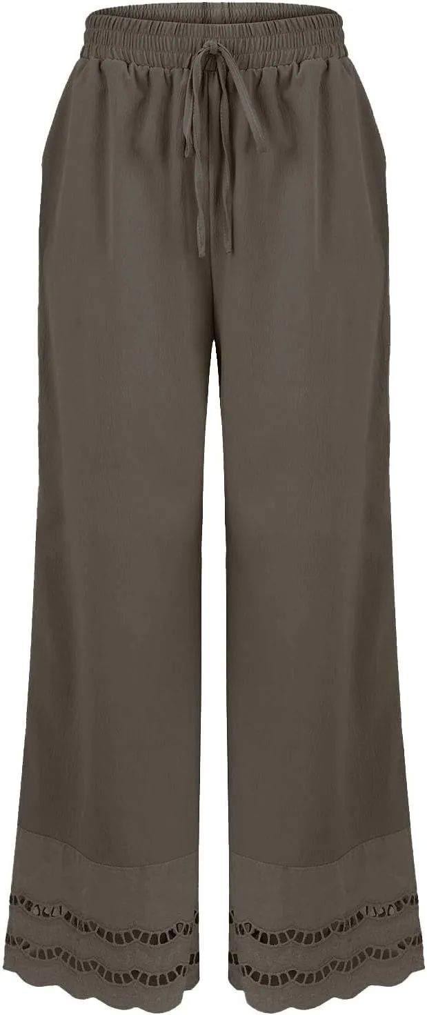 Linen Pants Women Lounge Trousers Drawstring Elastic Waist Summer Boho Palazzo Vintage Pants with Pockets