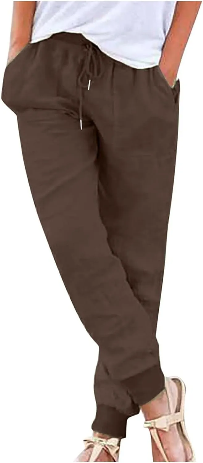 Linen Pants Women Palazzo Pants Petite Dressy Elastic Waist Tapered Leg Summer Casual Jogger Lightweight Trousers