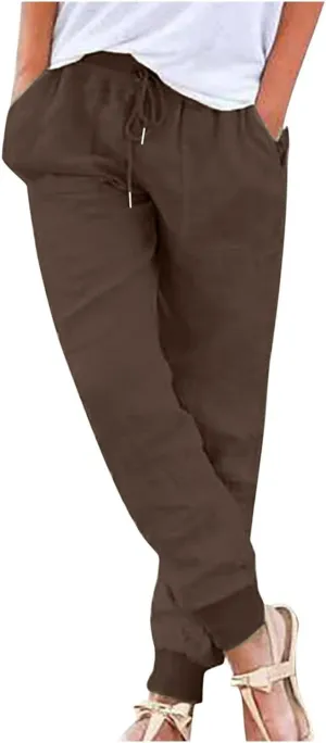 Linen Pants Women Palazzo Pants Petite Dressy Elastic Waist Tapered Leg Summer Casual Jogger Lightweight Trousers