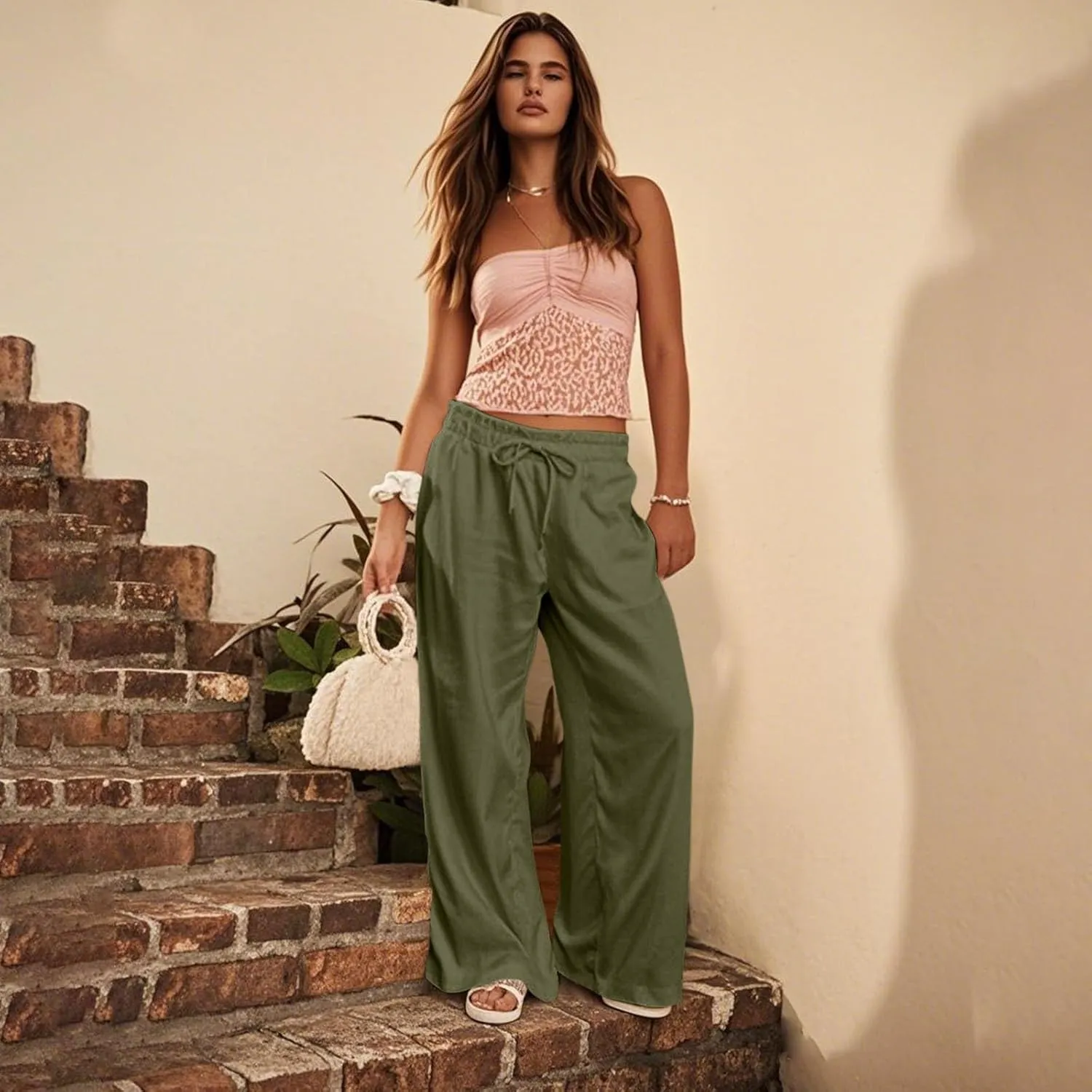 Linen Pants Women Summer Drawstring Elastic Waist Flowy Pants Comfy Flowy Cotton Linen Beach Trousers with Pockets