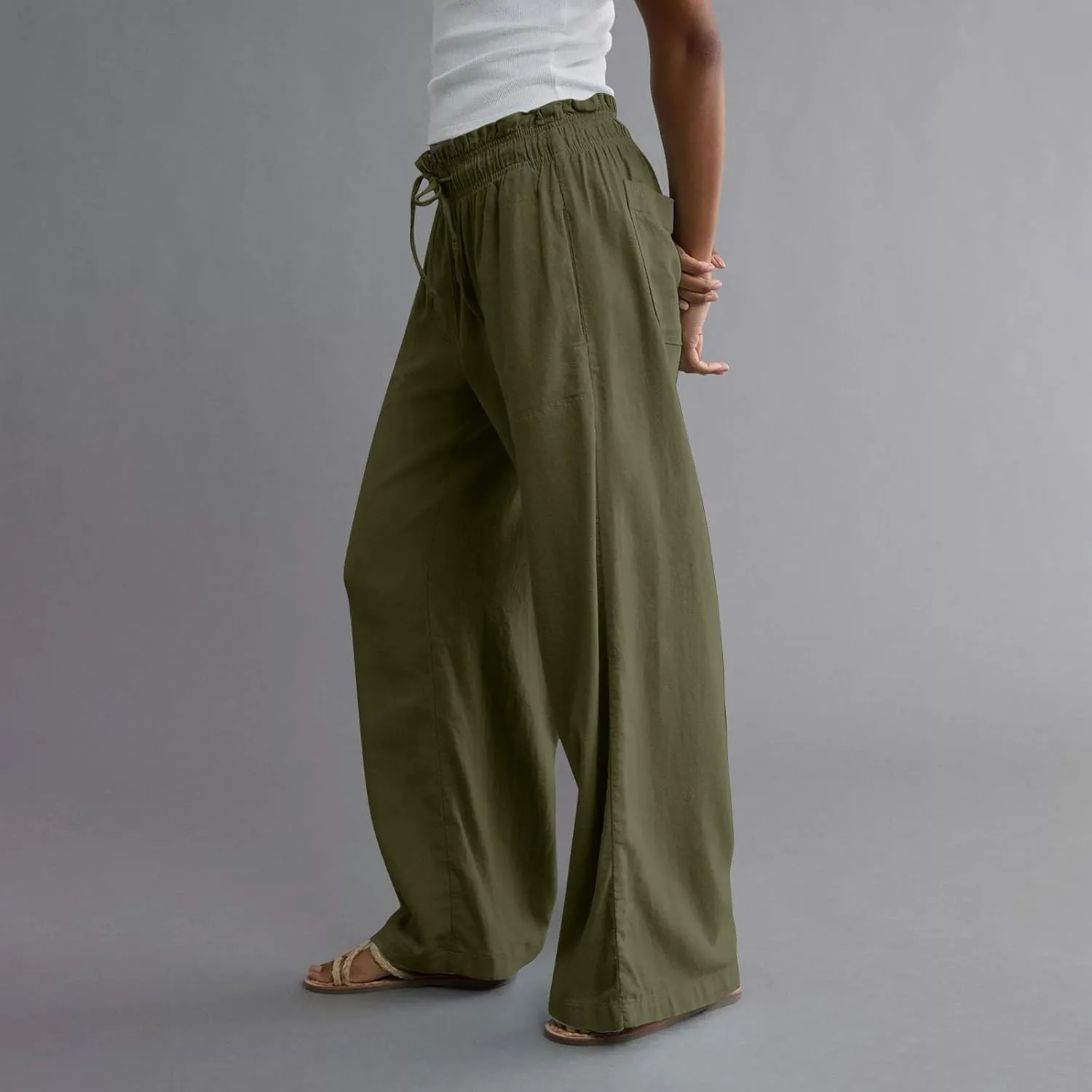 Linen Pants Women Summer Drawstring Elastic Waist Flowy Pants Comfy Flowy Cotton Linen Beach Trousers with Pockets