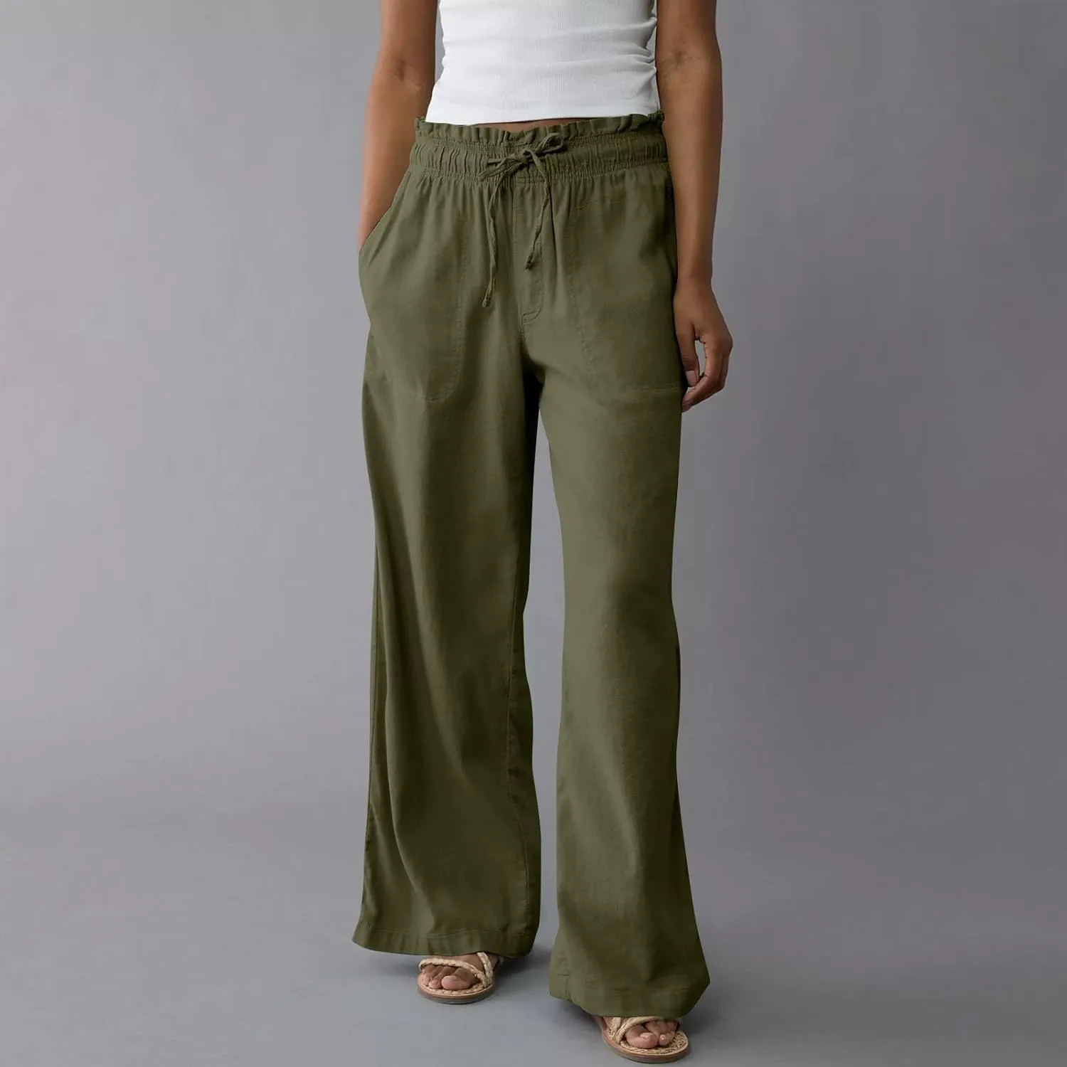 Linen Pants Women Summer Drawstring Elastic Waist Flowy Pants Comfy Flowy Cotton Linen Beach Trousers with Pockets