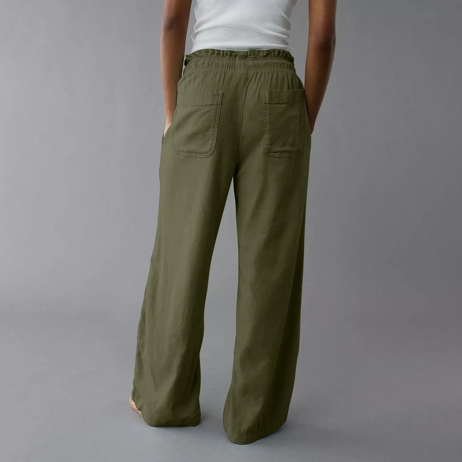Linen Pants Women Summer Drawstring Elastic Waist Flowy Pants Comfy Flowy Cotton Linen Beach Trousers with Pockets