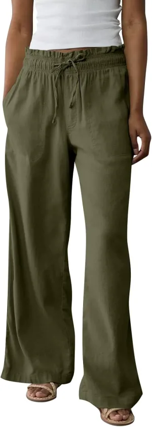 Linen Pants Women Summer Drawstring Elastic Waist Flowy Pants Comfy Flowy Cotton Linen Beach Trousers with Pockets