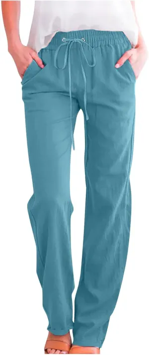 Linen Pants Women Summer Loose Mid Waisted Breathable Trousers Casual Fall Long Comfy Lounge Pants with Pockets