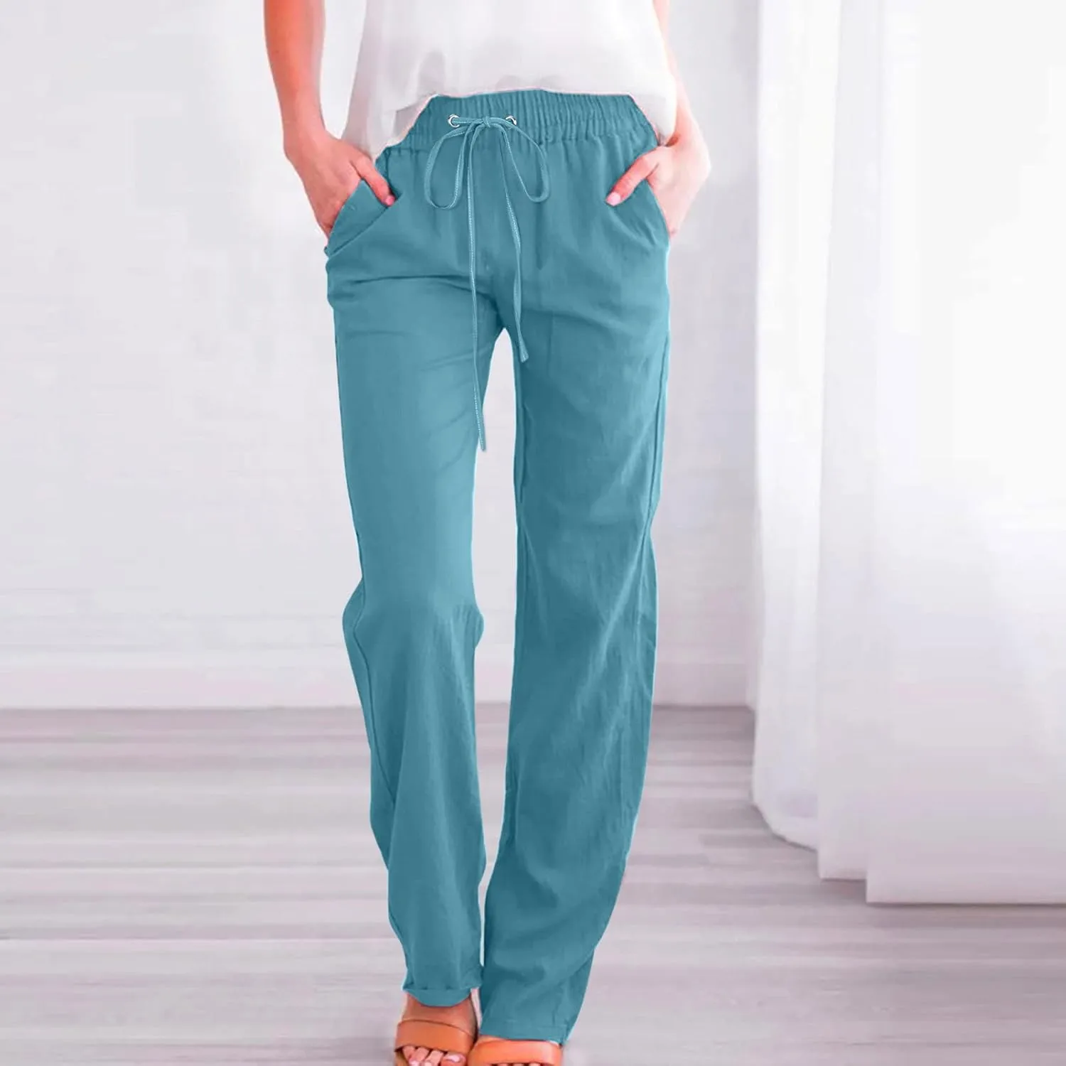 Linen Pants Women Summer Loose Mid Waisted Breathable Trousers Casual Fall Long Comfy Lounge Pants with Pockets