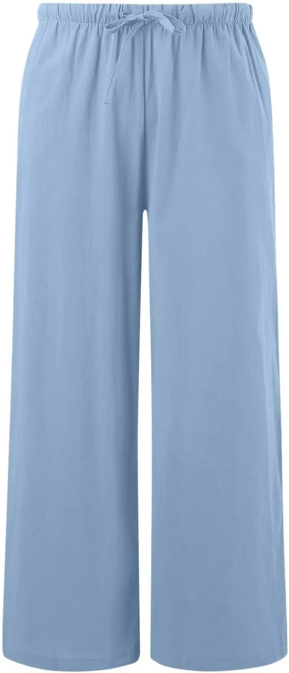Linen Pants Women Summer,Wide Leg Casual Cotton Linen Palazzo Pants High Waisted Drawstring Lounge Beach Trousers