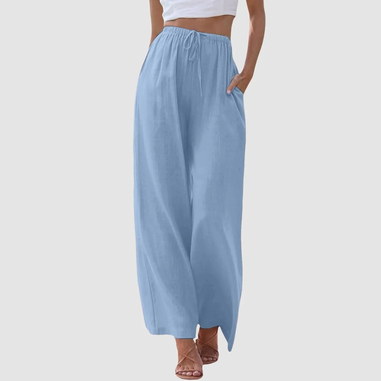 Linen Pants Women Summer,Wide Leg Casual Cotton Linen Palazzo Pants High Waisted Drawstring Lounge Beach Trousers