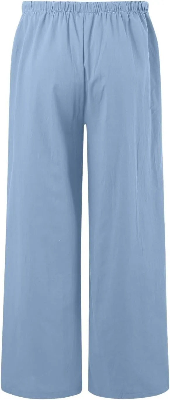 Linen Pants Women Summer,Wide Leg Casual Cotton Linen Palazzo Pants High Waisted Drawstring Lounge Beach Trousers