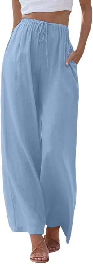 Linen Pants Women Summer,Wide Leg Casual Cotton Linen Palazzo Pants High Waisted Drawstring Lounge Beach Trousers