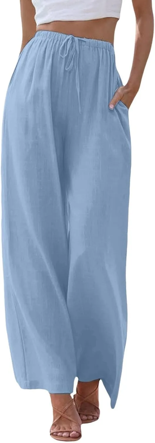 Linen Pants Women Summer,Wide Leg Casual Cotton Linen Palazzo Pants High Waisted Drawstring Lounge Beach Trousers