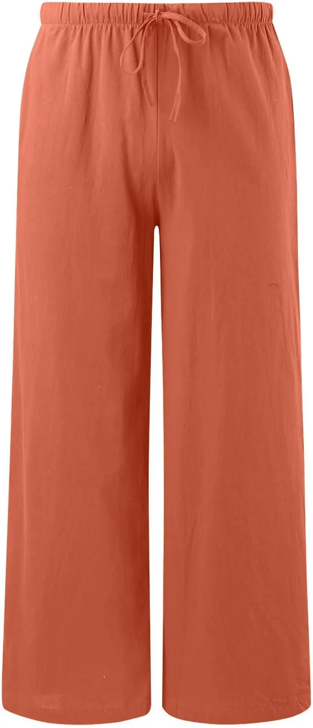 Linen Pants Women Summer,Wide Leg Casual Cotton Linen Pants High Waisted Drawstring Lounge Pants Beach Trousers