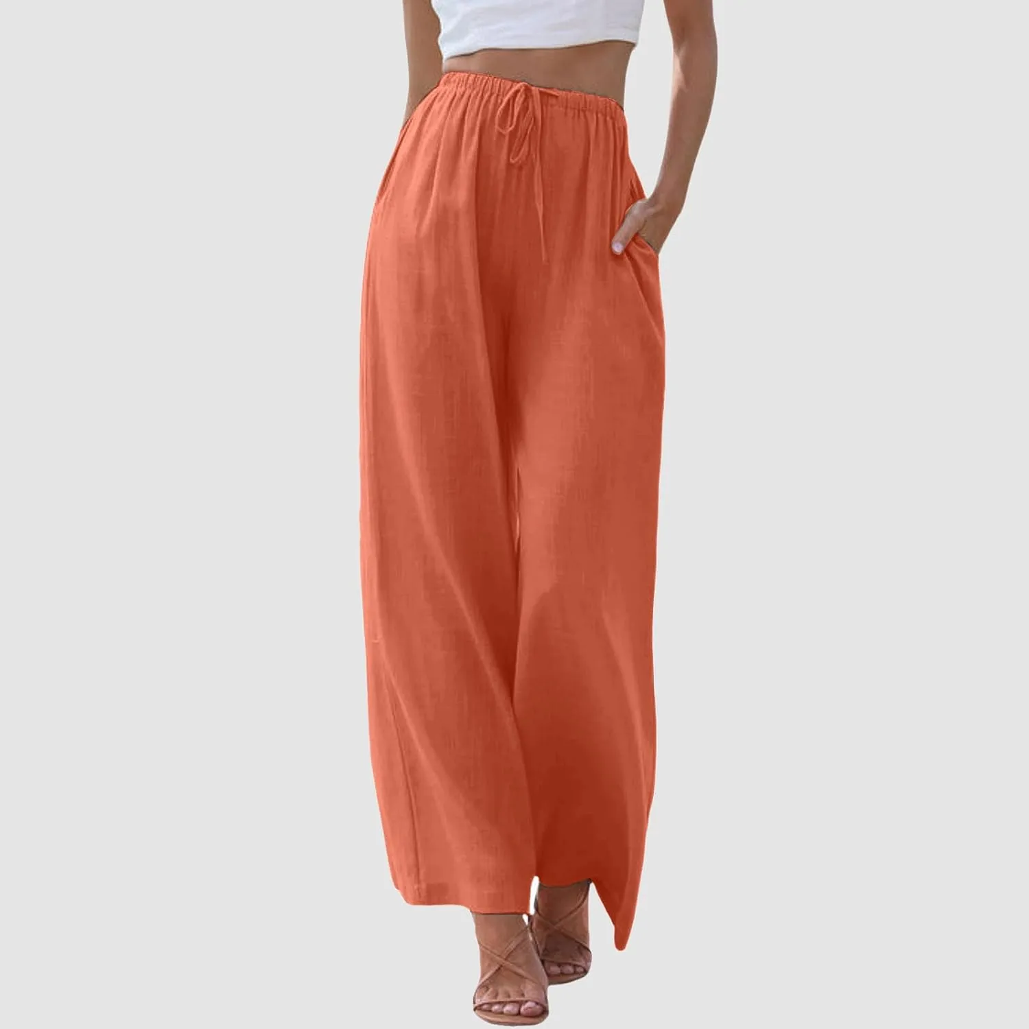Linen Pants Women Summer,Wide Leg Casual Cotton Linen Pants High Waisted Drawstring Lounge Pants Beach Trousers