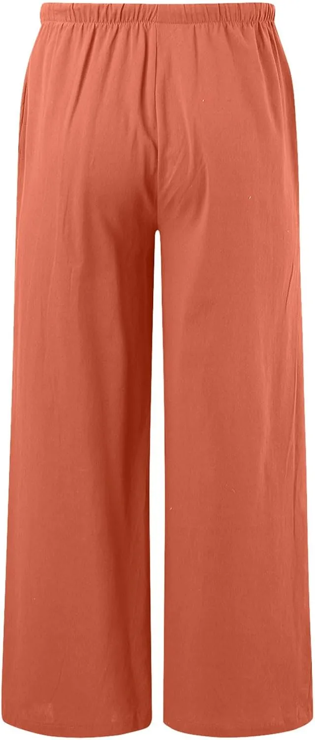 Linen Pants Women Summer,Wide Leg Casual Cotton Linen Pants High Waisted Drawstring Lounge Pants Beach Trousers
