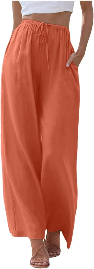Linen Pants Women Summer,Wide Leg Casual Cotton Linen Pants High Waisted Drawstring Lounge Pants Beach Trousers