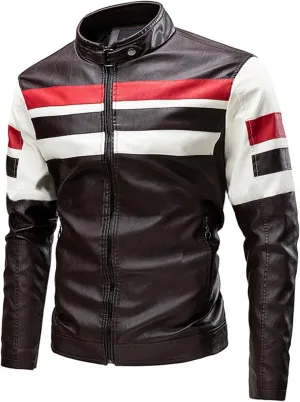 LOAIHA Men's Motorcycle Jacket Stand Collar Leather Jacket Spring and Fall Trendy Color Block Motor Biker Jacket