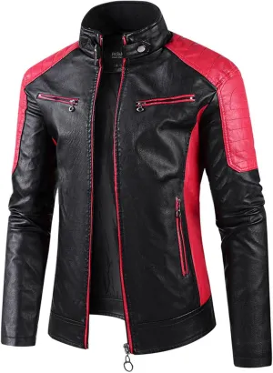 LOAIHA Men's Motorcycle Jacket Stand Collar Leather Jacket Spring and Fall Trendy Color Block Motor Biker Jacket