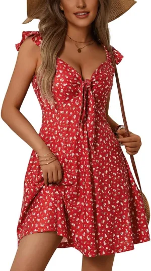Loemes Women's Summer Casual Floral V Neck Sundresses with Pockets Cute Bow Tie Beach High Waist A-Line Mini Dress