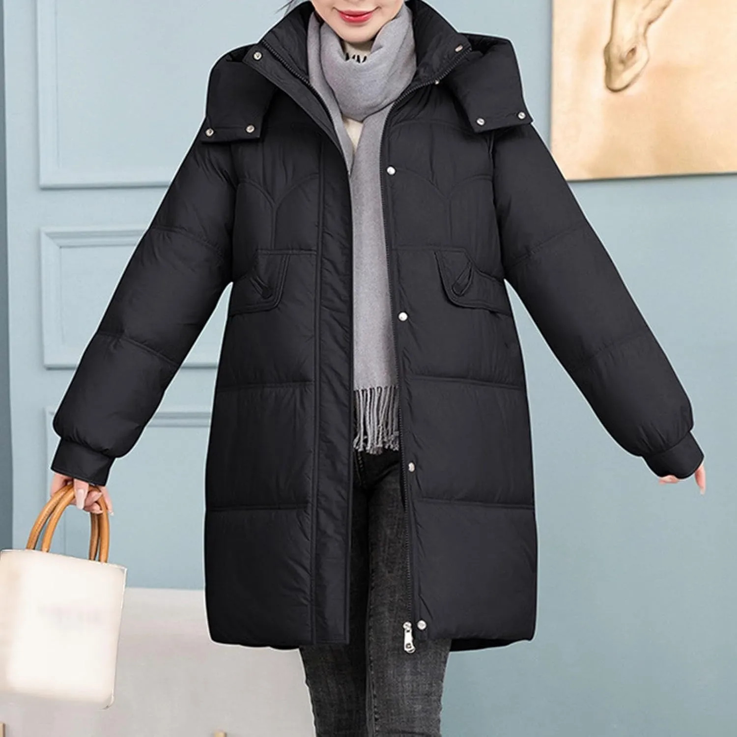 Long Puffer Jacket for Women 2024 Thickened Winter Coat Hooded with Deep Pockets Ladies Warm Winter Jacket Plus Size