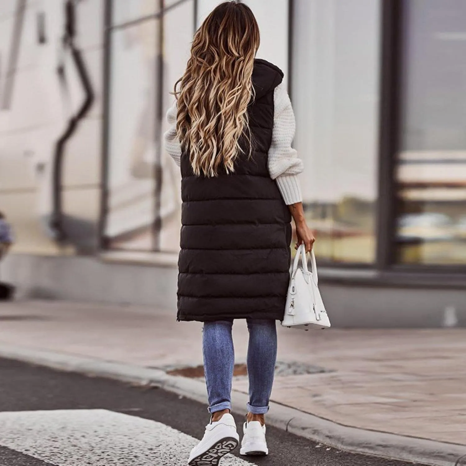 Long Puffer Vest for Women Padded Sleeveless Hooded Jackets Winter Warm Puffy Coats Outerwear Vests with Pockets
