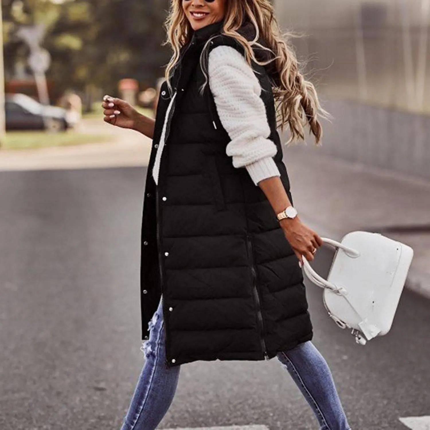 Long Puffer Vest for Women Padded Sleeveless Hooded Jackets Winter Warm Puffy Coats Outerwear Vests with Pockets
