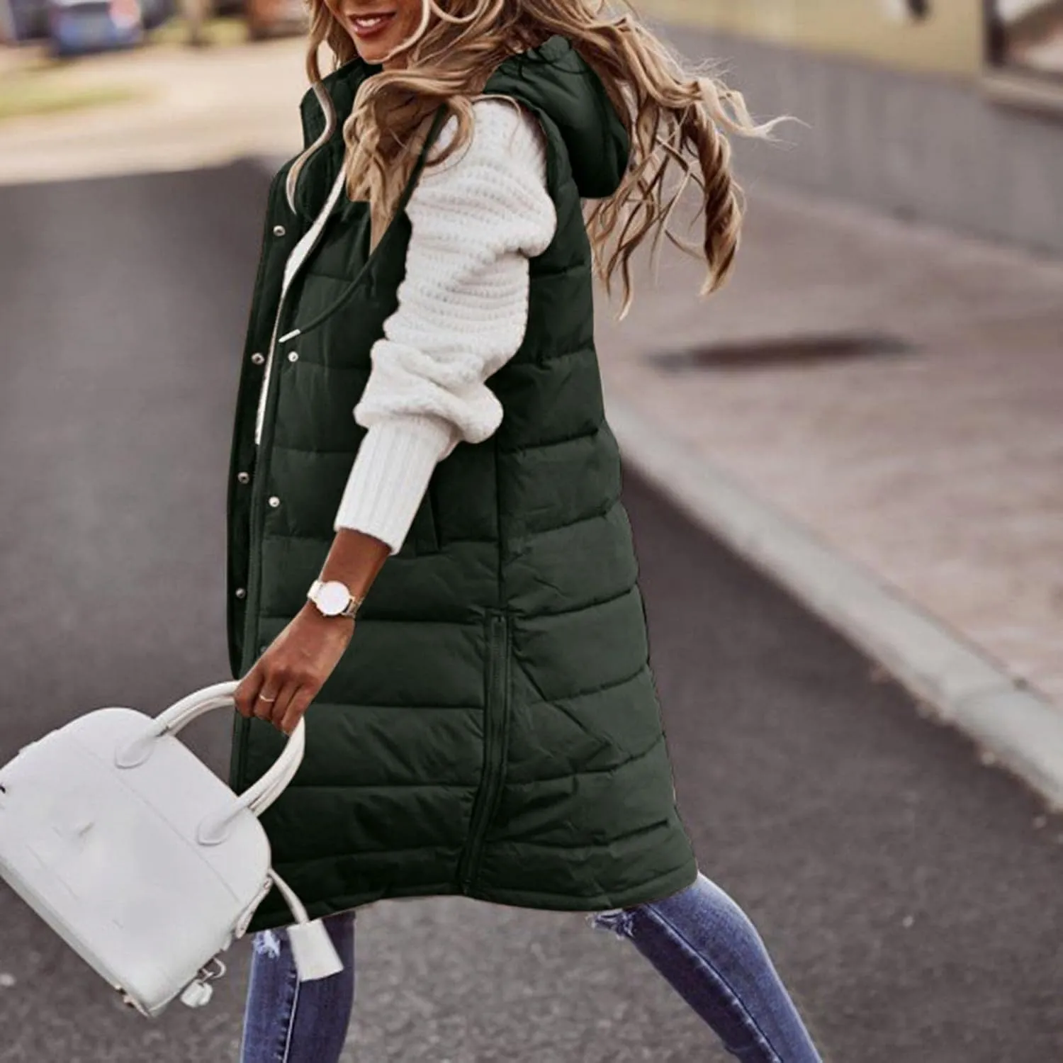 Long Puffer Vest for Women Padded Sleeveless Hooded Jackets Winter Warm Puffy Coats Outerwear Vests with Pockets