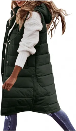 Long Puffer Vest for Women Padded Sleeveless Hooded Jackets Winter Warm Puffy Coats Outerwear Vests with Pockets