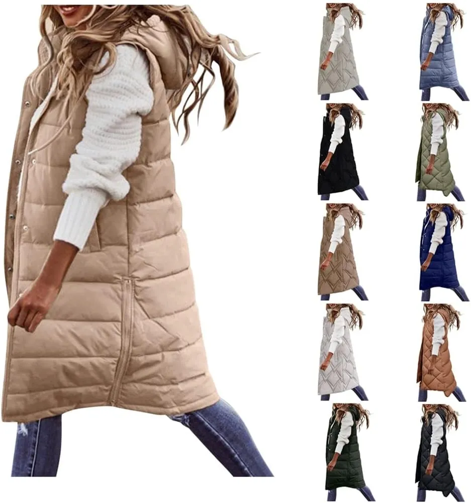Long Puffer Vest for Women Padded Sleeveless Hooded Jackets Winter Warm Puffy Coats Outerwear Vests with Pockets