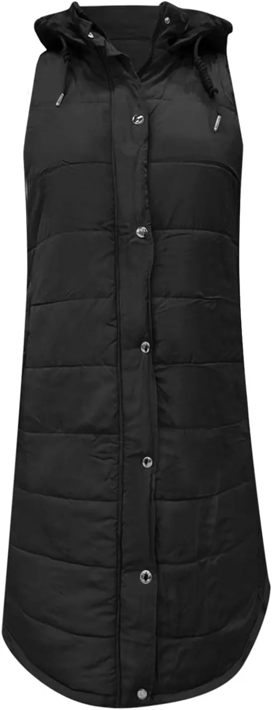 Long Puffer Vest for Women Padded Sleeveless Hooded Jackets Winter Warm Puffy Coats Outerwear Vests with Pockets
