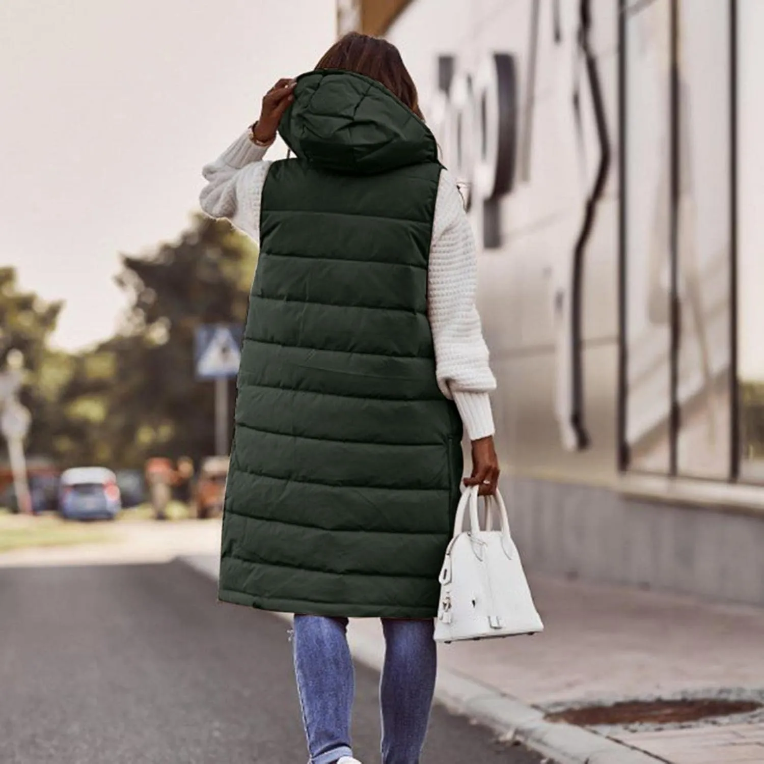Long Puffer Vest for Women Padded Sleeveless Hooded Jackets Winter Warm Puffy Coats Outerwear Vests with Pockets