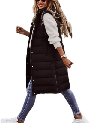 Long Puffer Vest for Women Padded Sleeveless Hooded Jackets Winter Warm Puffy Coats Outerwear Vests with Pockets