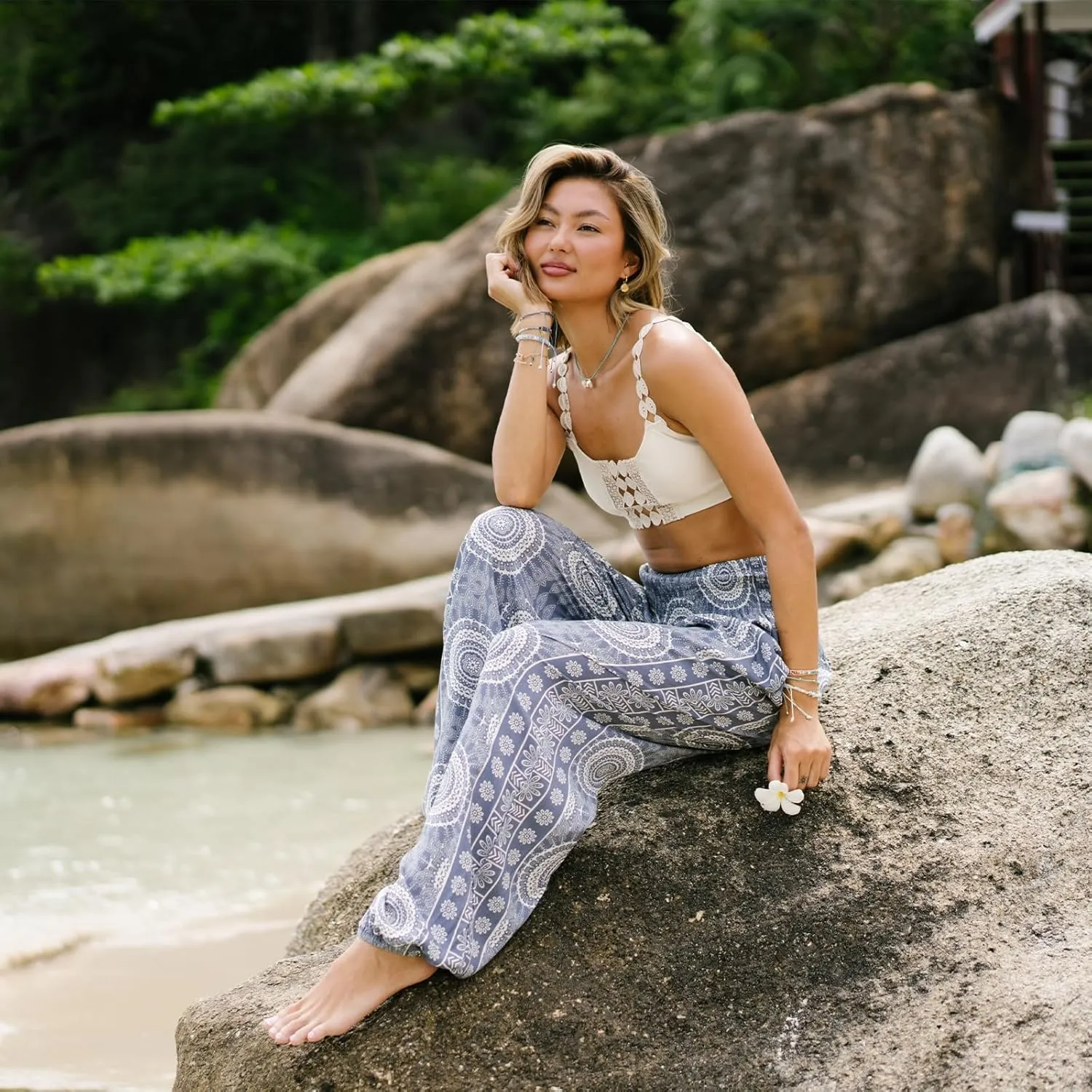 Lotus and Luna Women's Harem Pants Thai Pants for Beach & Lounge High Waisted Flowy Boho Pants Genie Pants Yoga Pants
