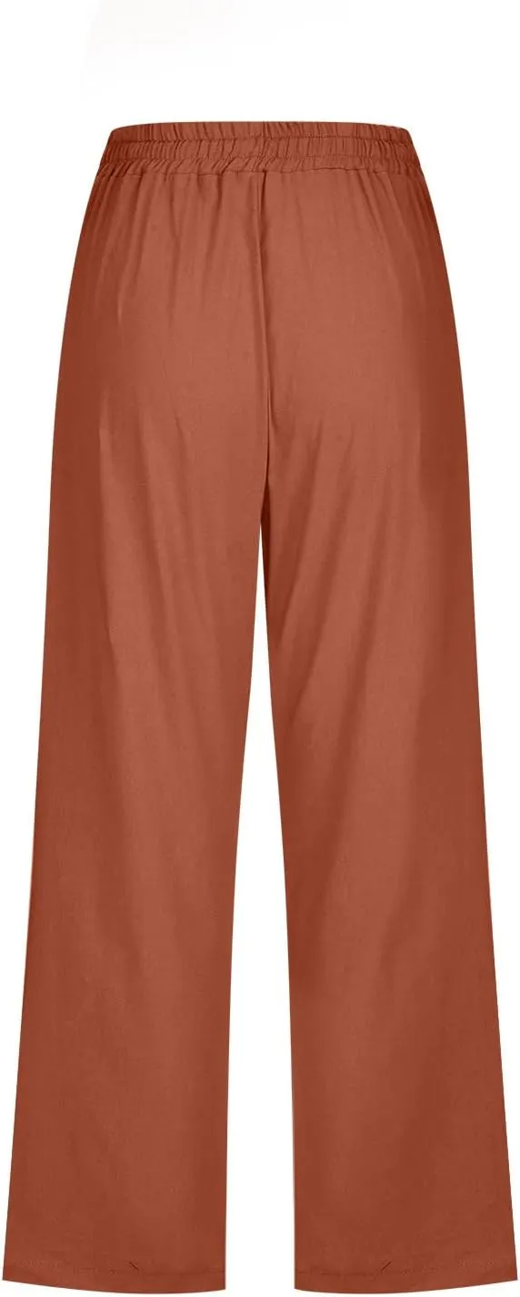 LRMQS Capri Pants for Women Casual Summer 2024 Drawstring Capris Linen Pants Pockets Beach Straight Wide Leg Cropped Trousers