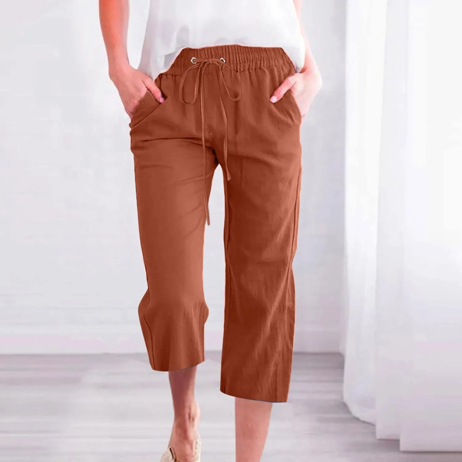 LRMQS Capri Pants for Women Casual Summer 2024 Drawstring Capris Linen Pants Pockets Beach Straight Wide Leg Cropped Trousers