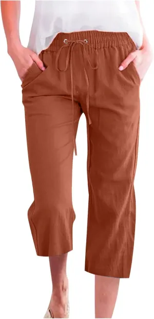 LRMQS Capri Pants for Women Casual Summer 2024 Drawstring Capris Linen Pants Pockets Beach Straight Wide Leg Cropped Trousers