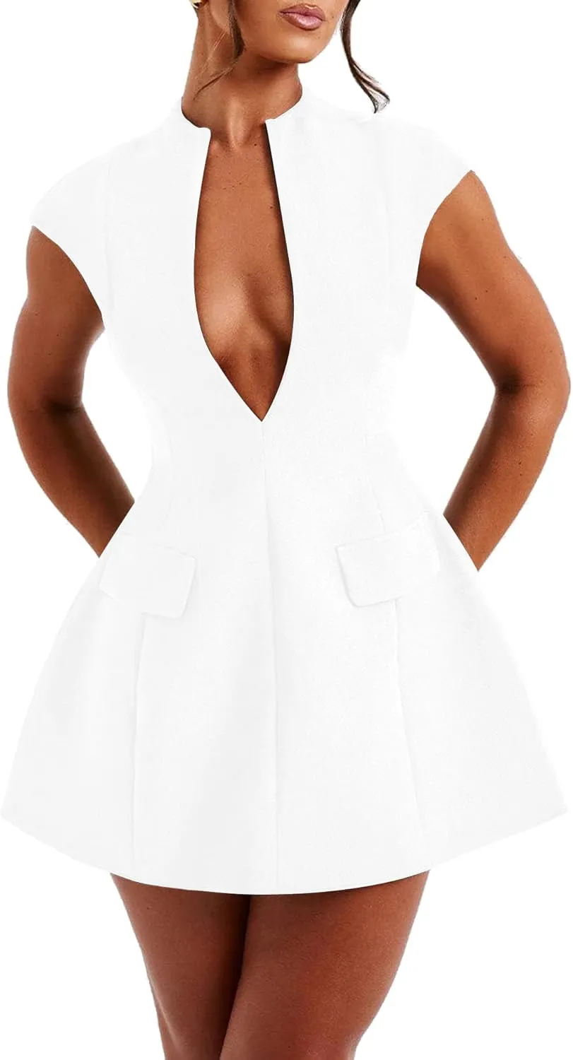 LuFeng Women's Summer Sexy Cap Sleeve Deep V Neck Zipper A-line Mini Dress Hollow Bodycon Night Out Party Dress