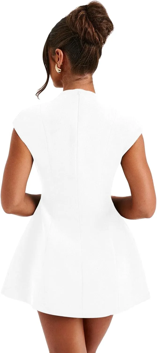 LuFeng Women's Summer Sexy Cap Sleeve Deep V Neck Zipper A-line Mini Dress Hollow Bodycon Night Out Party Dress