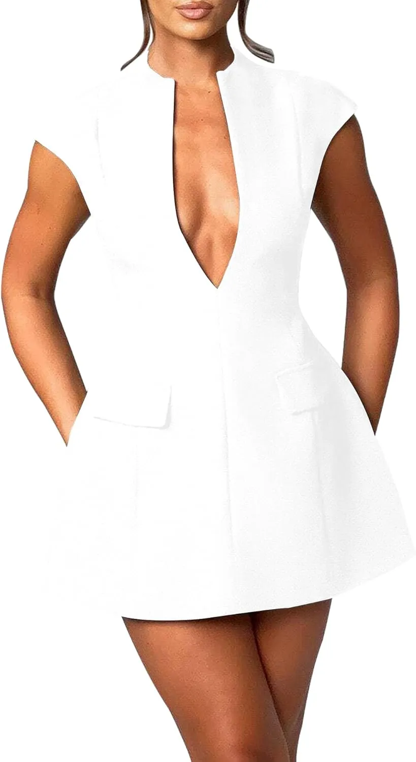 LuFeng Women's Summer Sexy Cap Sleeve Deep V Neck Zipper A-line Mini Dress Hollow Bodycon Night Out Party Dress