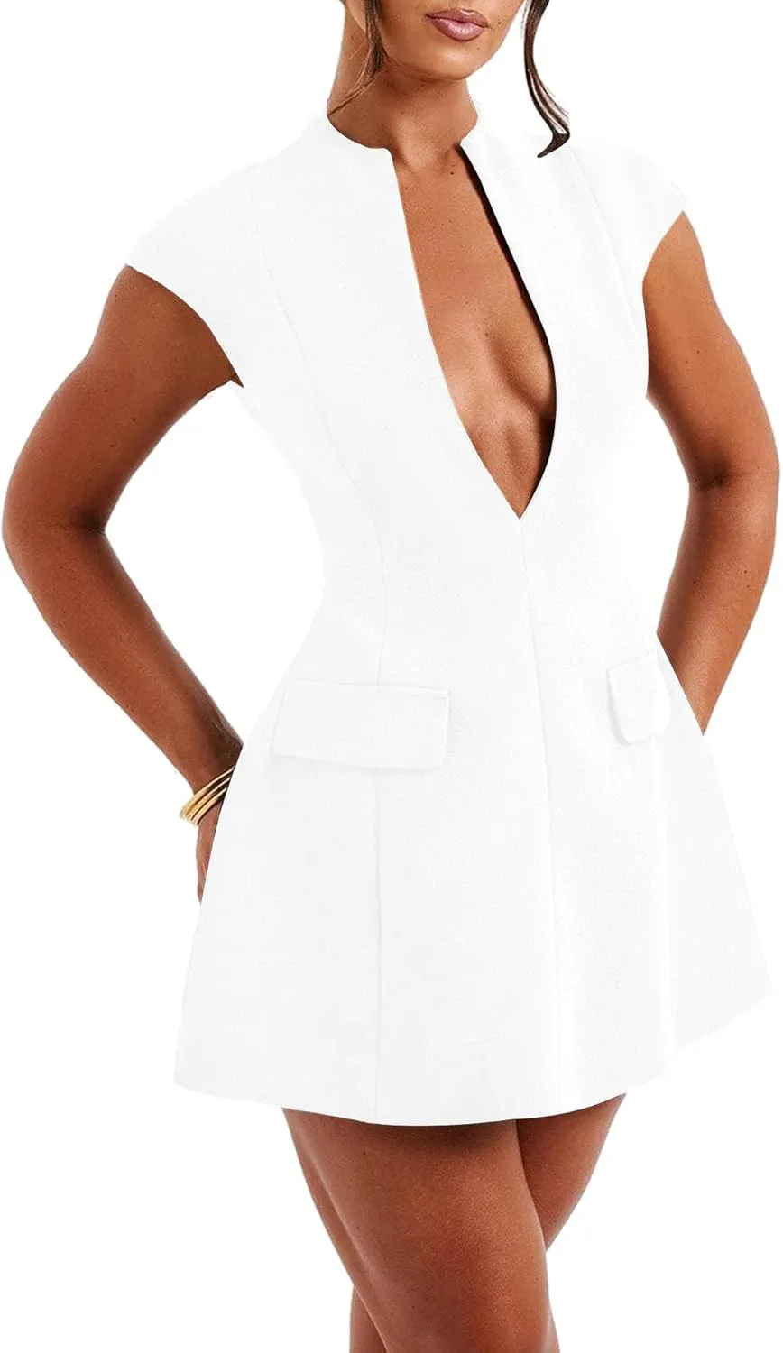 LuFeng Women's Summer Sexy Cap Sleeve Deep V Neck Zipper A-line Mini Dress Hollow Bodycon Night Out Party Dress