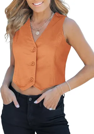 luvamia Jean Vests for Women Crop Denim Top Button Down Waistcoat Vest Tank Tops Fashion Casual Sleeveless Jacket