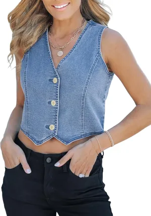 luvamia Jean Vests for Women Crop Denim Top Button Down Waistcoat Vest Tank Tops Fashion Casual Sleeveless Jacket