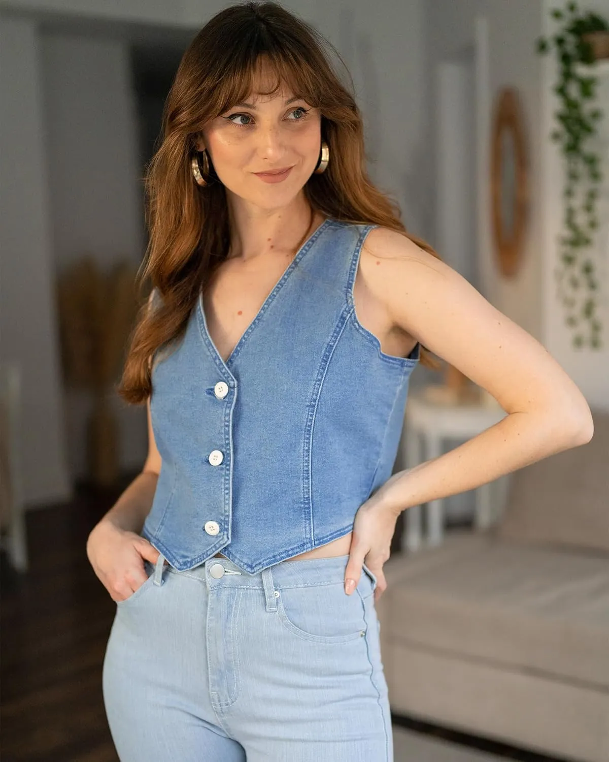 luvamia Jean Vests for Women Crop Denim Top Button Down Waistcoat Vest Tank Tops Fashion Casual Sleeveless Jacket