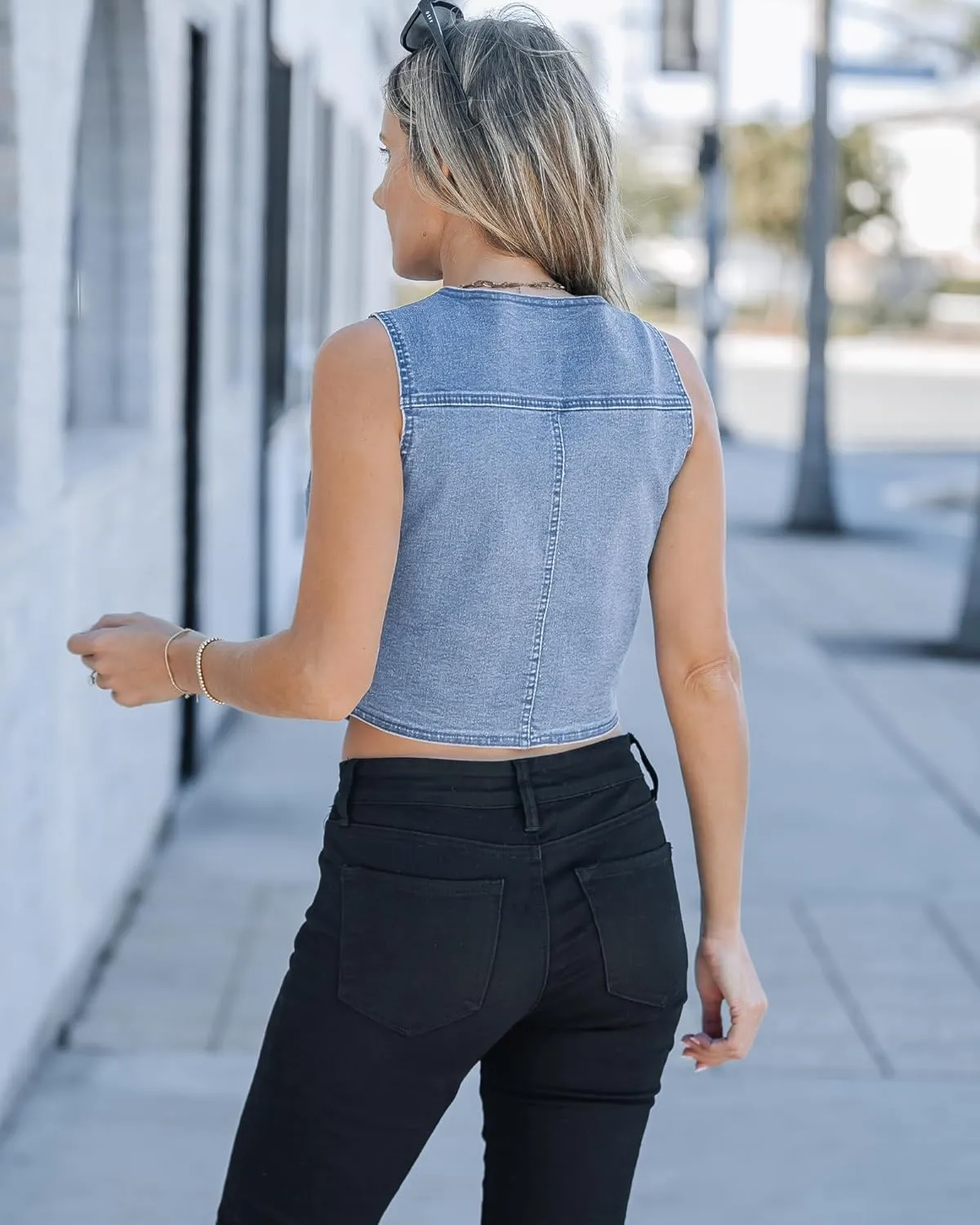 luvamia Jean Vests for Women Crop Denim Top Button Down Waistcoat Vest Tank Tops Fashion Casual Sleeveless Jacket